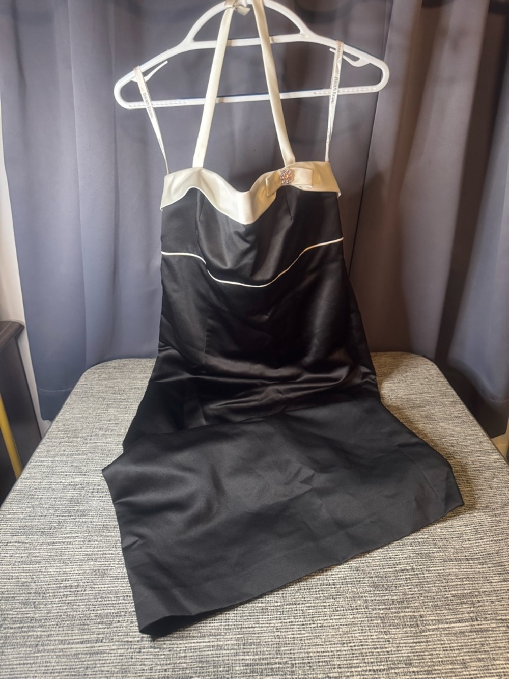 David's Bridal Black Satin Dress with Cream Accents